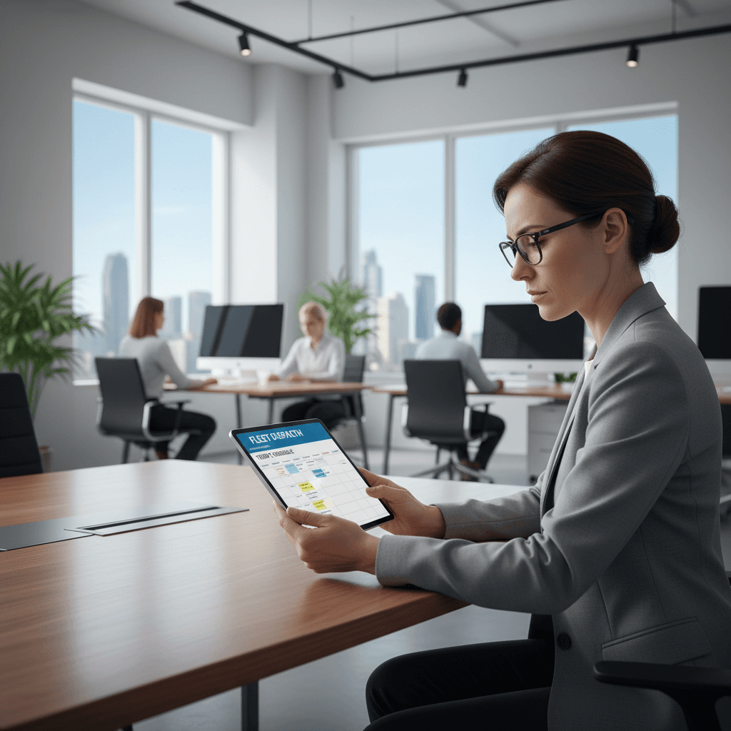 Fleet manager reviewing vehicle schedule on tablet in modern office