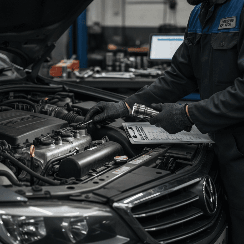 White work van being inspected by a mechanic in a clean service bay
