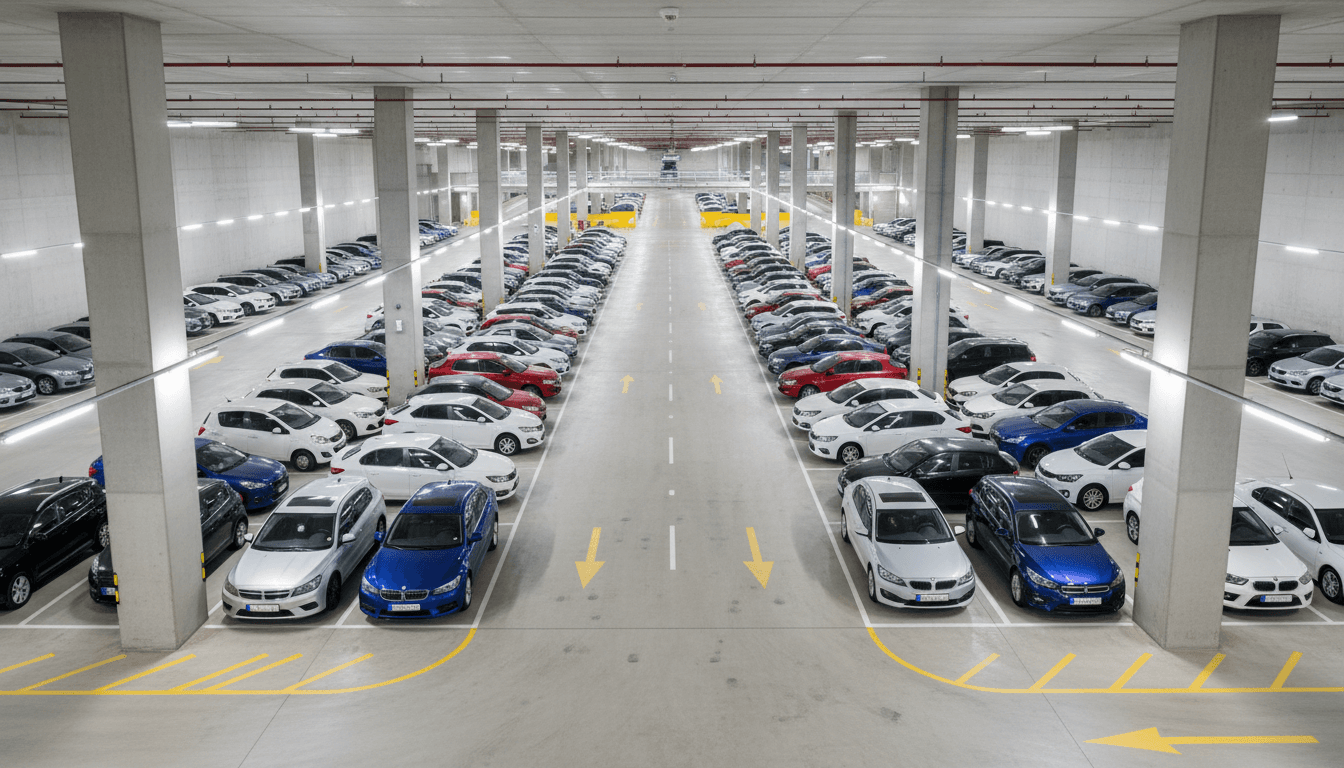 Rows of company vehicles parked in an organized commercial lot