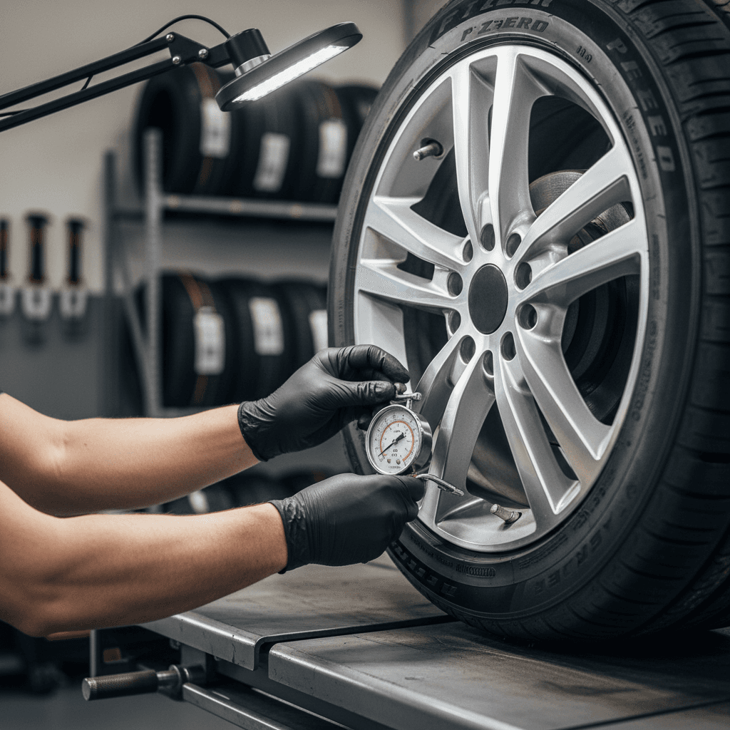 Technician checking tire pressure on a delivery truck with a gauge