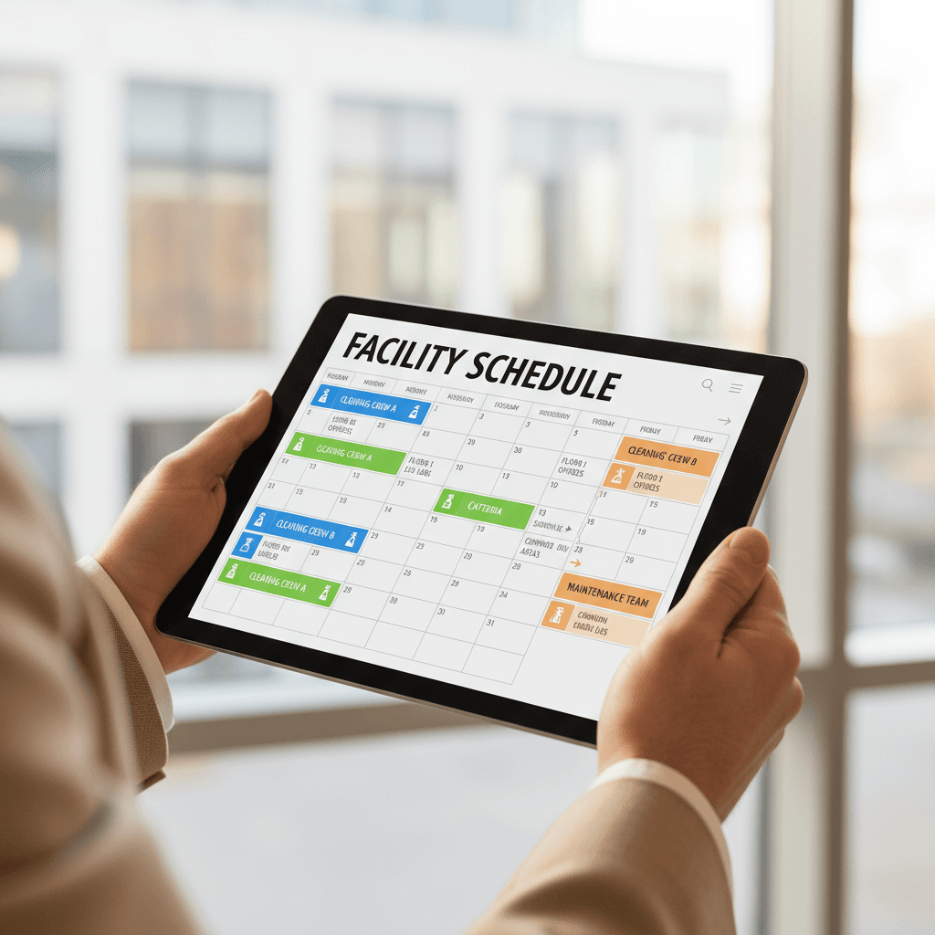 Fleet manager reviewing maintenance schedule on a tablet in an office